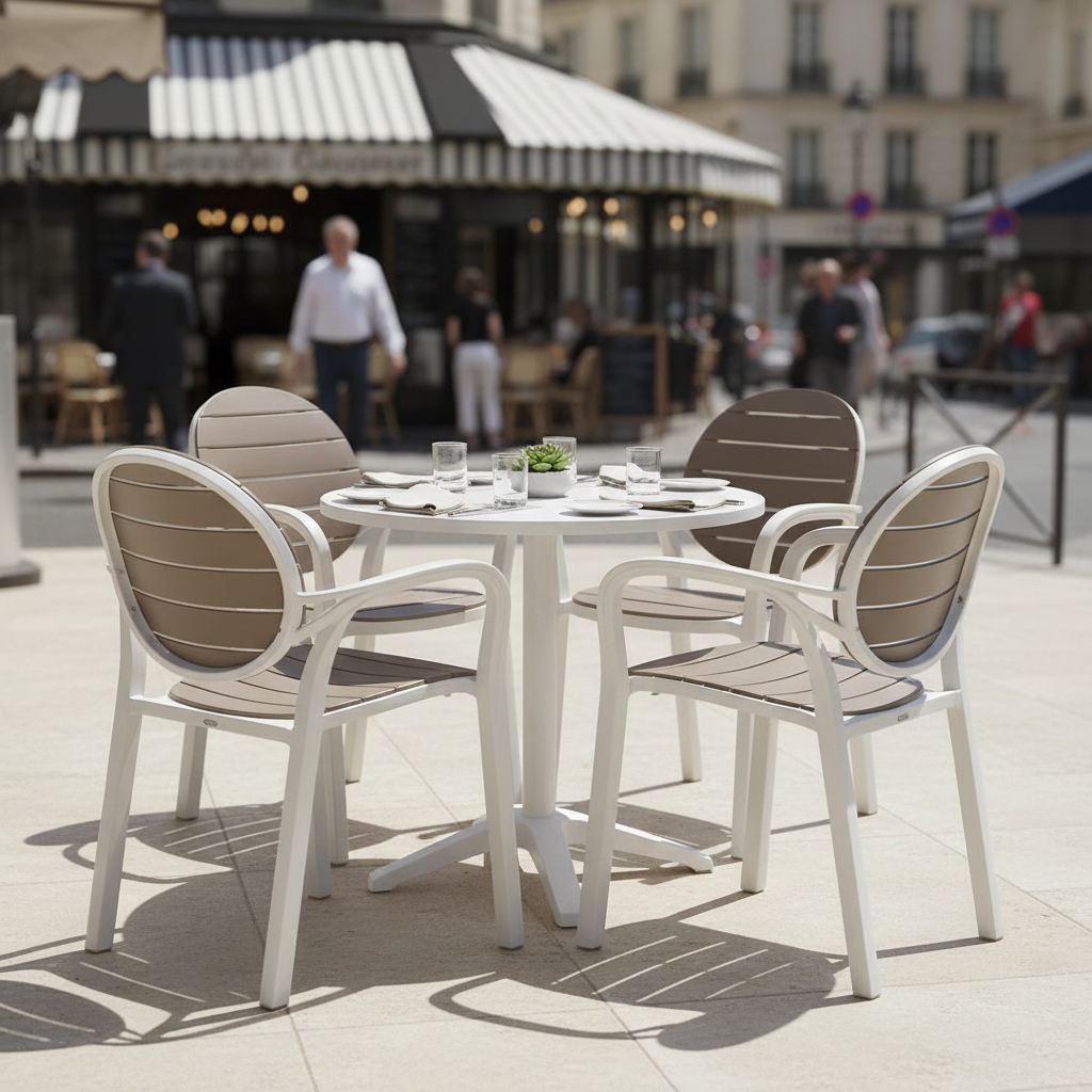 Bistrot-Tisch mit zweifarbigen Palma-Stühlen