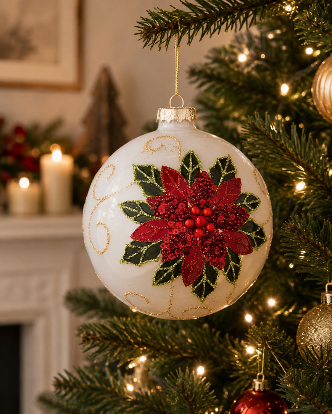 Bizzotto Sfera di Vetro Natale Poinsettia D 10 cm Decorazione per Albero di Natale