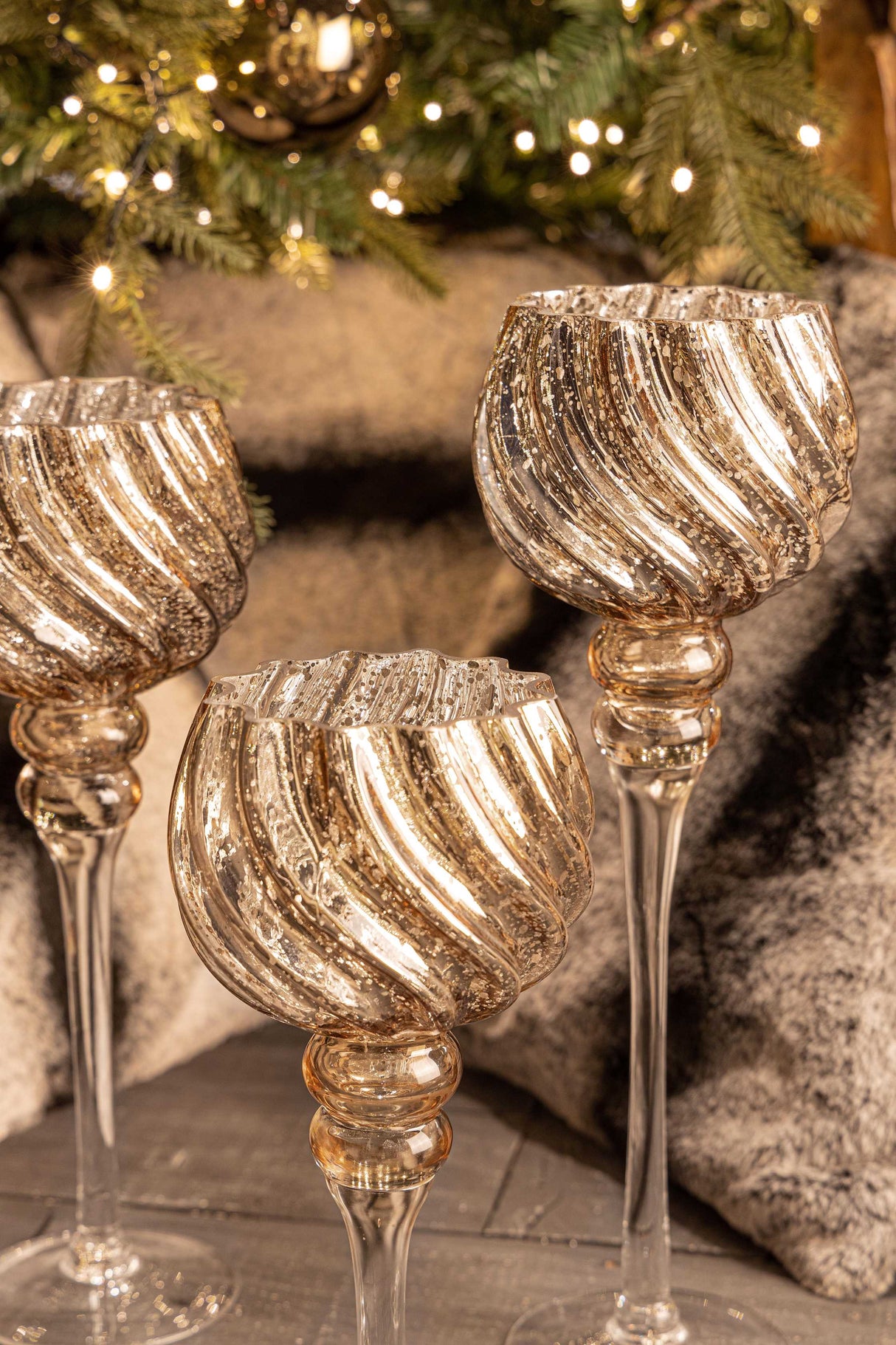 Bizzotto Set of 3 Isabell Christmas Candle Holders, Bronze Glass Chalice
