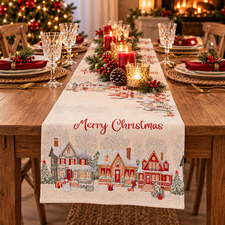 Bizzotto Runner Natalizio Village Bianco 183x33 cm – Centrotavola Decorativo per la Tavola di Natale
