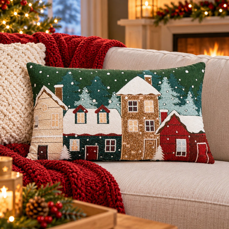 Bizzotto Cuscino Natalizio Snowlyn Paesaggio Verde 30x50 cm – Cuscino Decorativo di Natale con Fodera e Imbottitura in Poliestere