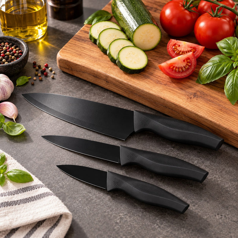 Ad Trend Set 3 Coltelli da Cucina in Acciaio Neri – Kit Coltelli per Tagliare e Preparare Alimenti