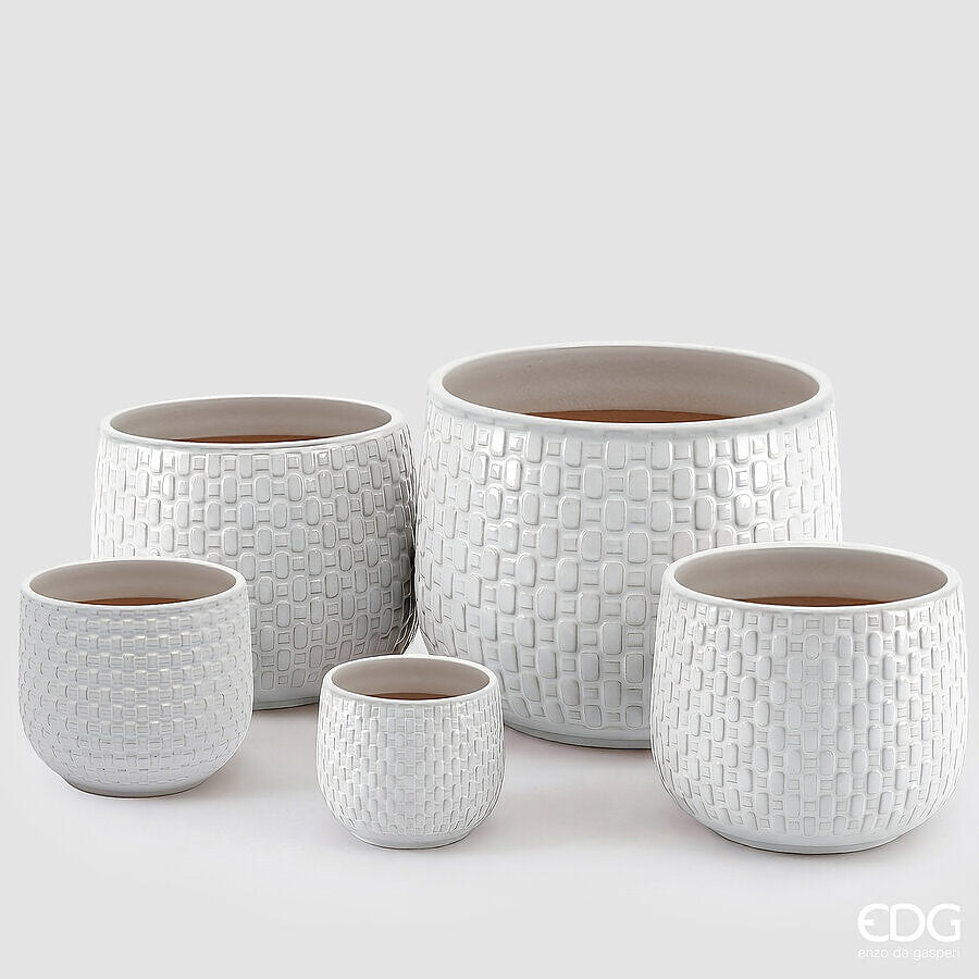 EDG Enzo De Gasperi Vaso Cachepot Bombato a Riquadri Ceramica Bianco – Set 5 Pezzi