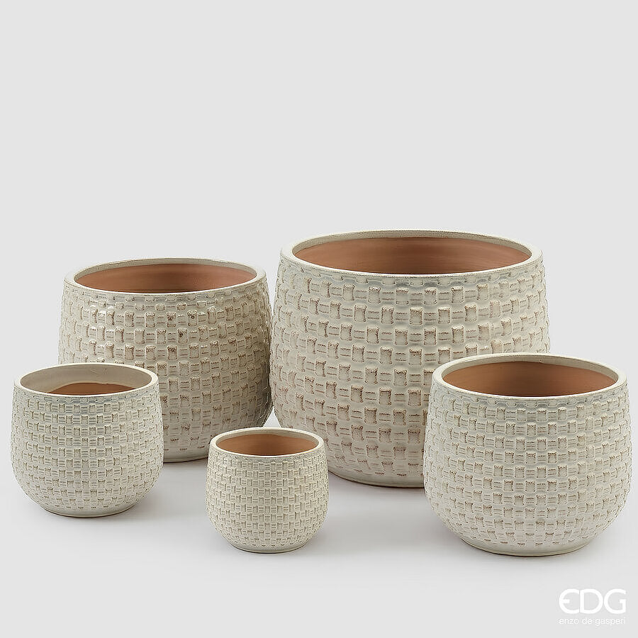 EDG Enzo De Gasperi Vaso Cachepot Bombato a Riquadri Ceramica Avorio – Set 5 Pezzi