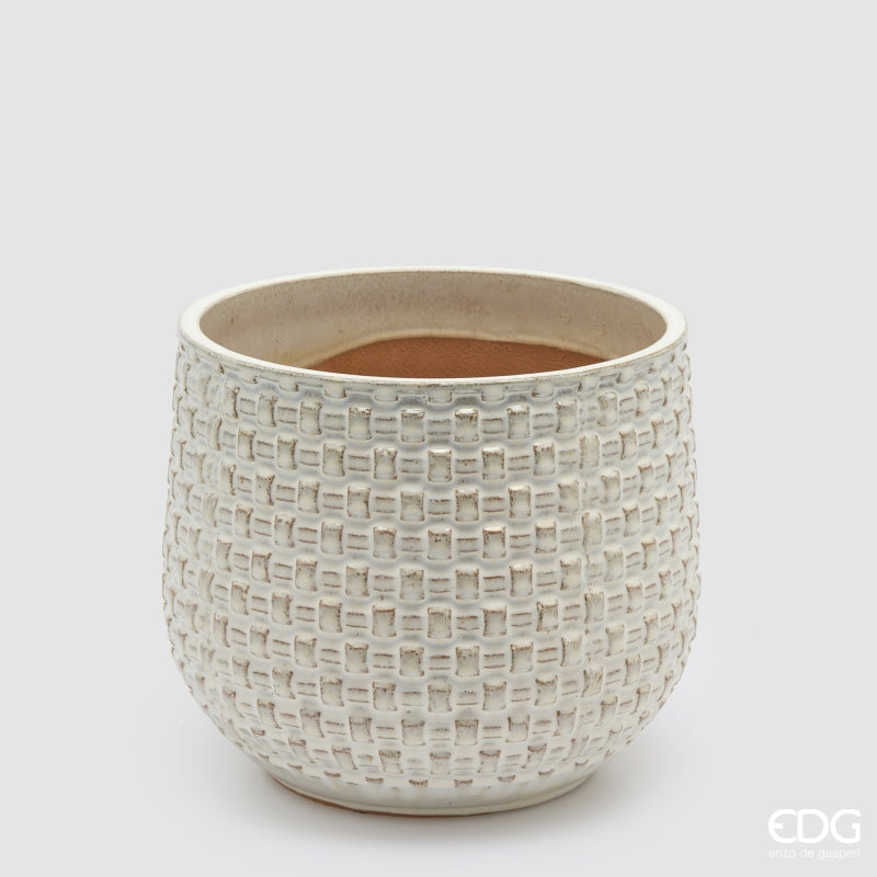EDG Enzo De Gasperi Vaso Cachepot Bombato a Riquadri Ceramica Avorio – Set 5 Pezzi