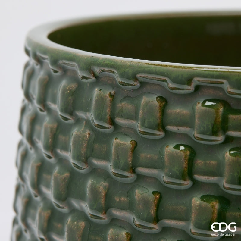 EDG Enzo De Gasperi Vaso Cachepot Bombato a Riquadri Ceramica Verde – Set 5 Pezzi