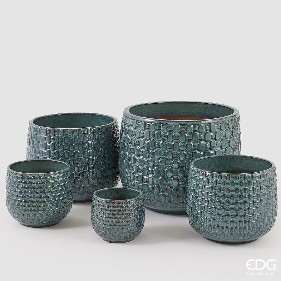 EDG Enzo De Gasperi Vaso Cachepot Bombato a Riquadri Ceramica Teal – Set 5 Pezzi