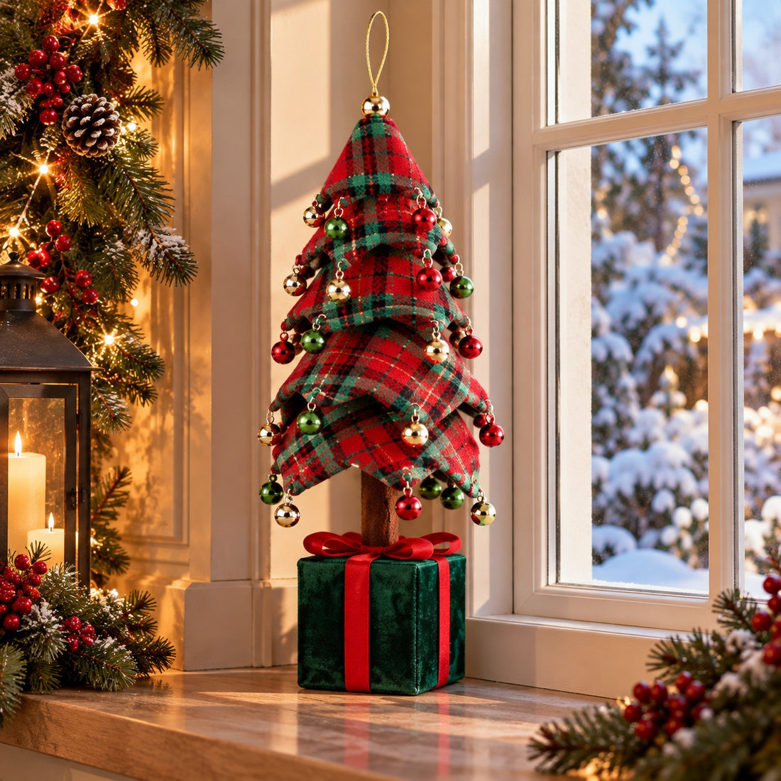 Ad Trend Albero di Natale con Pacco Dono Tartan 25x25xH70 cm – Decorazione Natalizia