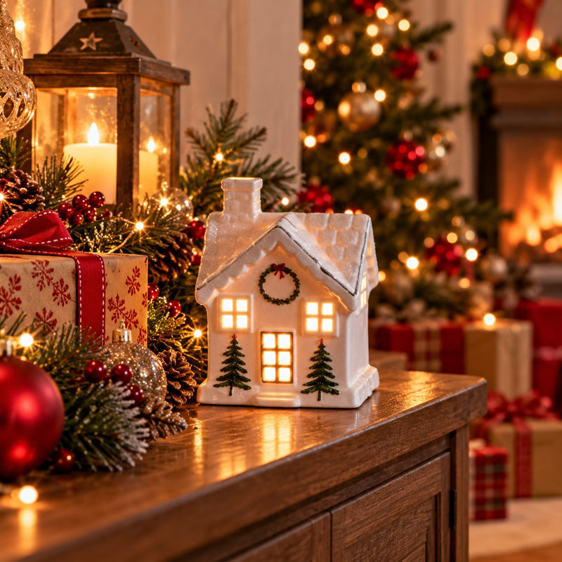 Ad Trend Casetta Natalizia in Porcellana con Luce LED 9x4xH8,5 cm – Decorazione Luminosa di Natale