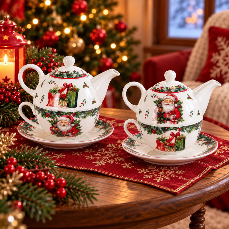 Ad Trend Set Teiera con Tazza Natalizia Assortita Ø11xH15 cm 1 Pz – Servizio da Tè per la Tavola di Natale