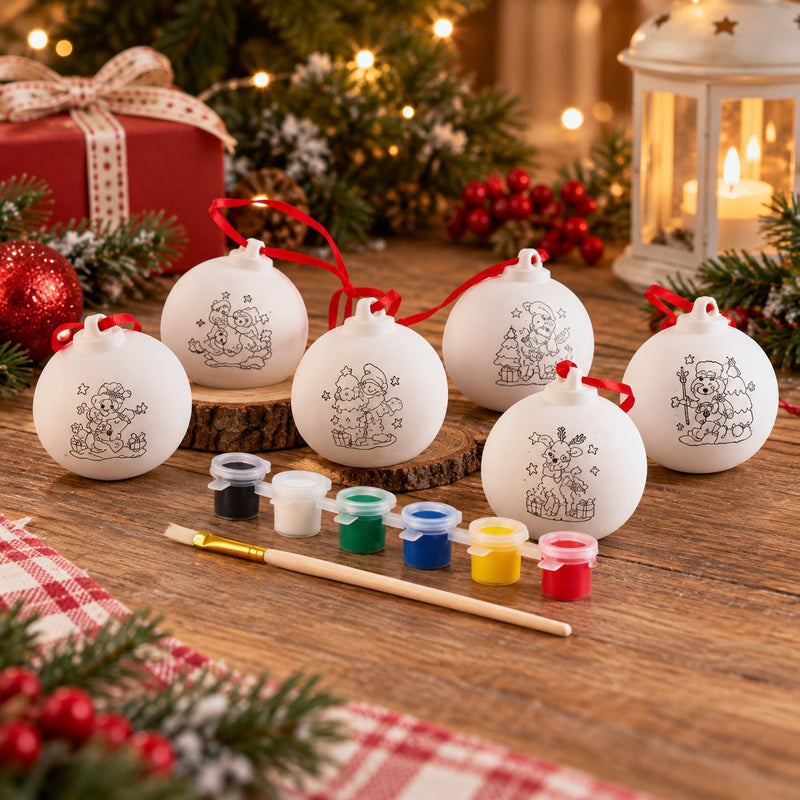 Ad Trend Set 6 Palline di Natale da Decorare Ø7 cm con Pennello e 6 Tempere – Kit Creativo Fai da Te per Decorazioni Natalizie