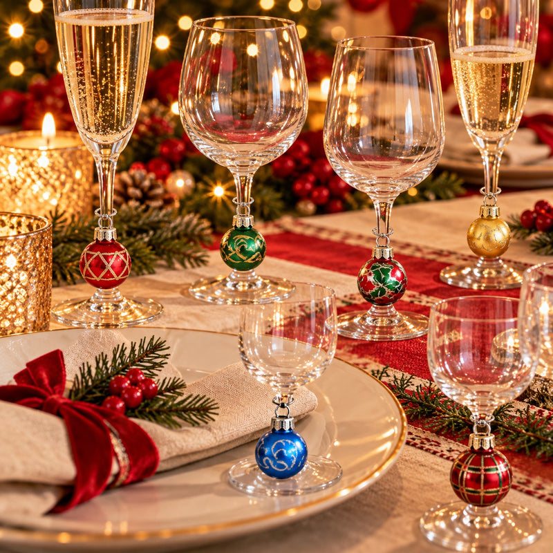 Ad Trend Set 6 Segnabicchieri Natalizi in Vetro a Forma di Pallina di Natale Assortiti 1 Confezione – Accessori Decorativi per la Tavola di Natale