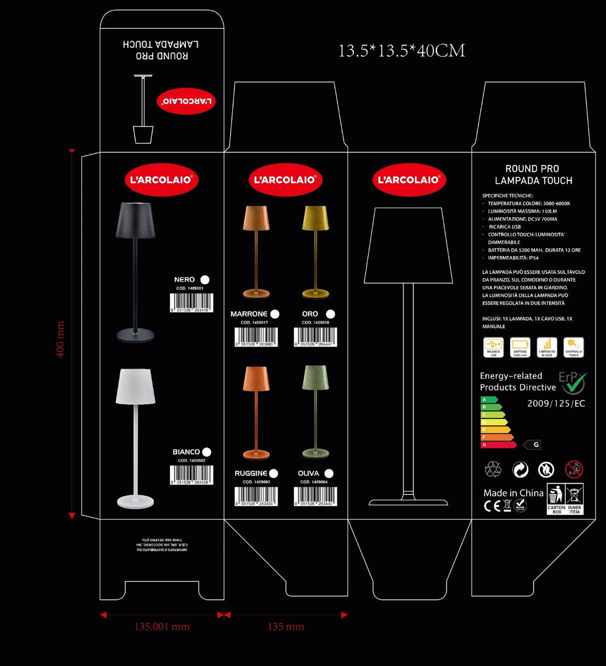L'Arcolaio Wiederaufladbare LED-Touch-Lampe, H 38 cm, 10 x 10 cm, IP54, rund, Pro Oliva