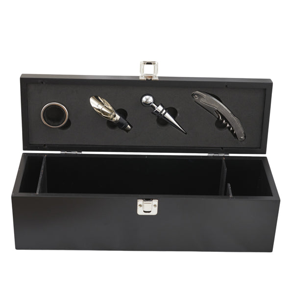 L'Arcolaio Wooden Set Vino 4 Pezzi – Cofanetto Rettangolare Nero con Accessori per Vino, Elegante Idea Regalo