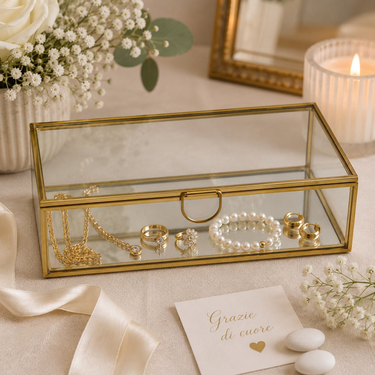 L'Arcolaio Gold Glass Scatola Portagioie Rettangolare Media 5x16x10 cm Elegante Contenitore per Gioielli