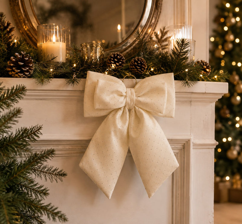 EDG Enzo De Gasperi Fiocco Natalizio in Velluto Avorio con Brillantini H40 cm – Decorazione di Natale
