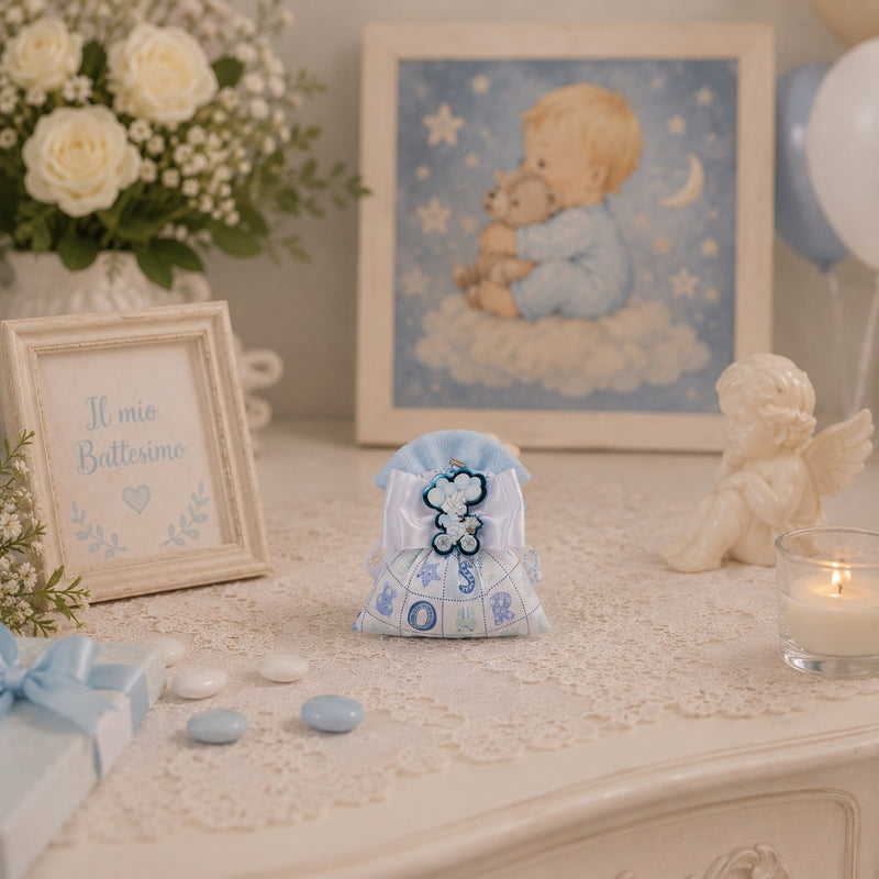 Creazioni per Enzo Sacchetto Bomboniera Baby Letterina Celeste 11x9 cm Portaconfetti Cf 10 pz