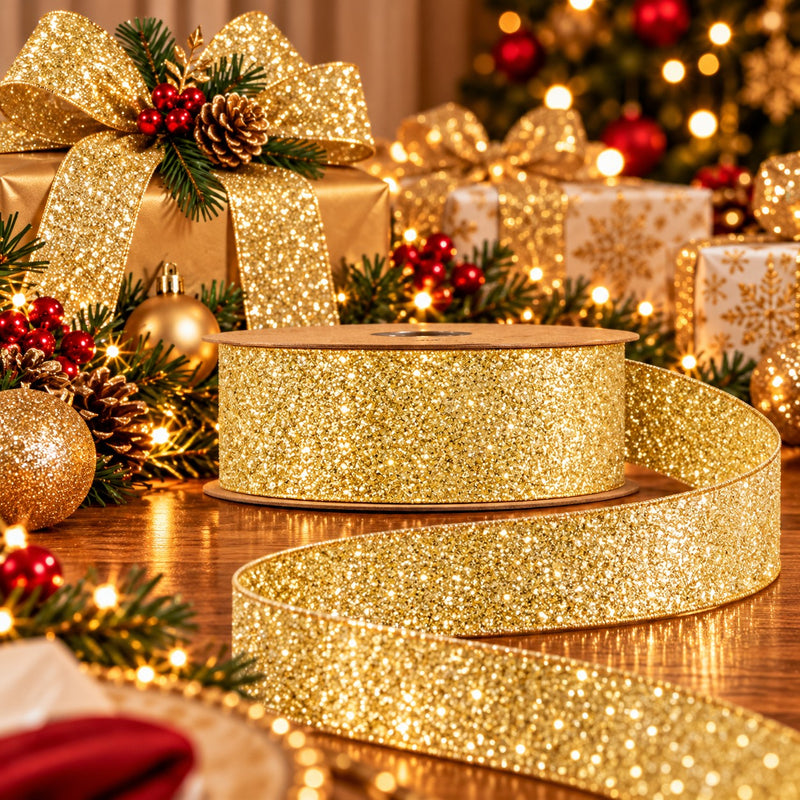 Piovaccari Nastro Desirée Glitter Oro 40 mm x 10 m – Nastro Natalizio Brillantinato per Albero di Natale, Fiocchi e Confezioni Regalo