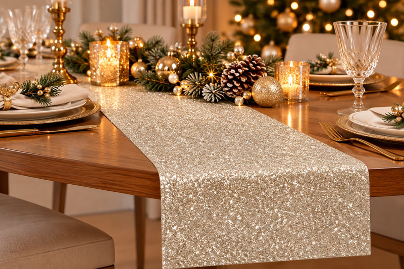 Piovaccari Runner Desirée Champagne 28 cm x 2,5 m – Runner Decorativo Natalizio per Tavola, Centrotavola e Addobbi di Natale