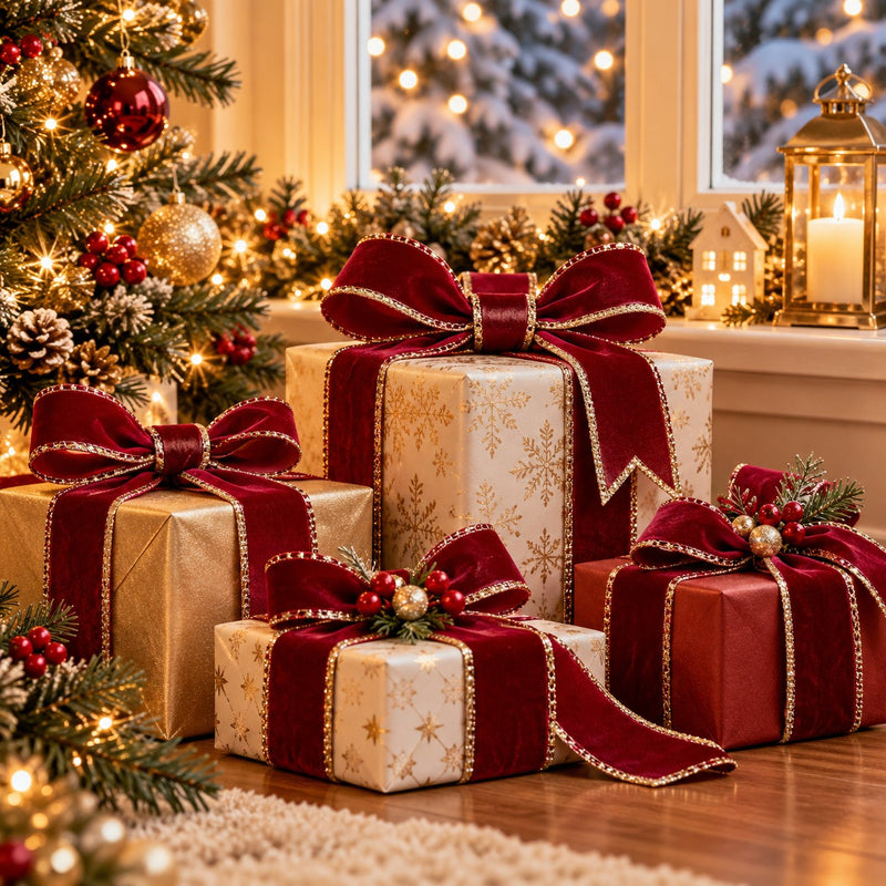 Piovaccari Nastro Double Sides Velvet & Glitter Rosso Scuro 40 mm x 10 m – Nastro Natalizio in Velluto e Glitter per Albero di Natale, Fiocchi e Confezioni Regalo