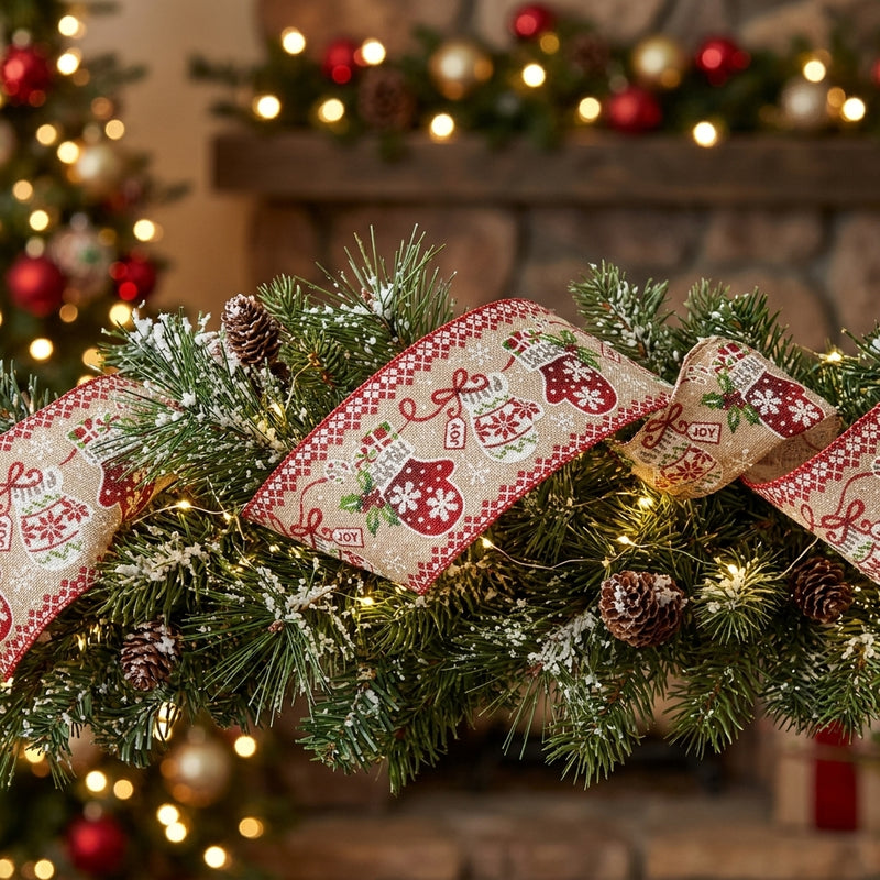 Piovaccari Nastro Christmas Gloves 63 mm x 10 m – Nastro Decorativo Natalizio con Motivo Guanti di Natale per Albero, Fiocchi e Confezioni Regalo