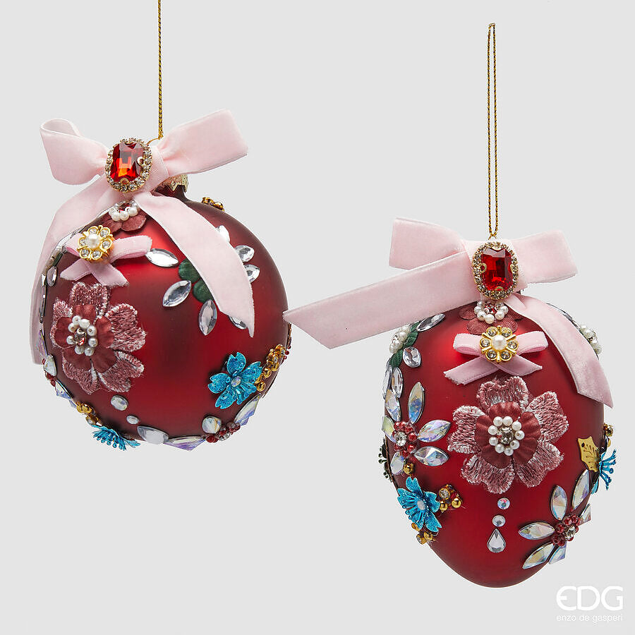 EDG Enzo De Gasperi Addobbo Palla Uovo Boheme H13 Ø8 cm Bordeaux 2 Assortiti – Decorazione per Albero di Natale 1 Pz
