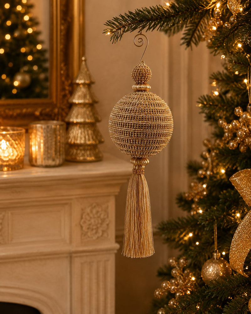 EDG Enzo De Gasperi Pallina di Natale in Tessuto con Diamanti e Nappa H27 cm Oro – Addobbo per Albero