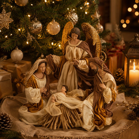 EDG Enzo De Gasperi Statuetta Natalizia Natività Tessuto con Angelo H 43 Cm Ivory Gold