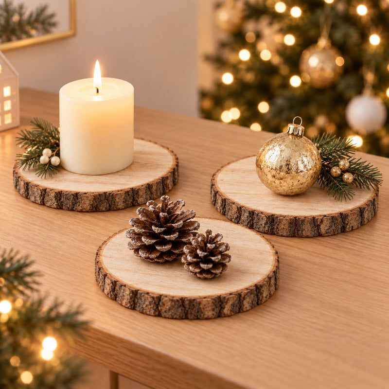 EDG Enzo De Gasperi Set 3 Basi Rotonde in Legno Ø13 cm Marrone Chiaro – Base Decorativa per Addobbi Natalizi