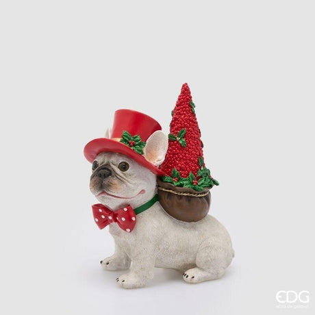 EDG Enzo De Gasperi Cane Bulldog con Pino H28,5 cm Bianco Rosso – Decorazione Natalizia