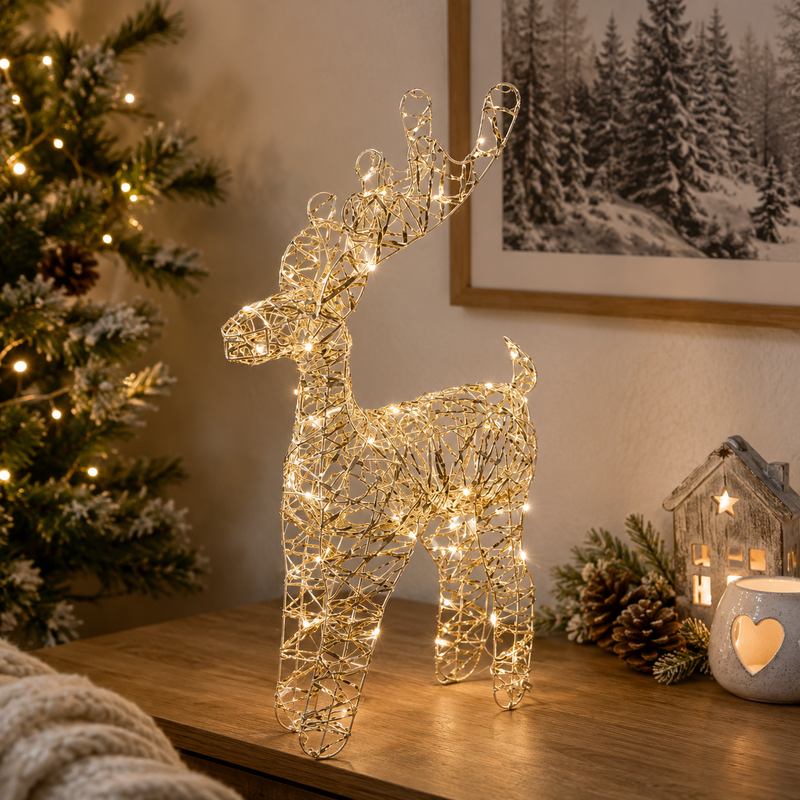 EDG Enzo De Gasperi Decoro Renna di Natale Led Intreccio 50 MicroLed  H 50 Cm L 13 Cm L 27 Cm  IP20 Gold
