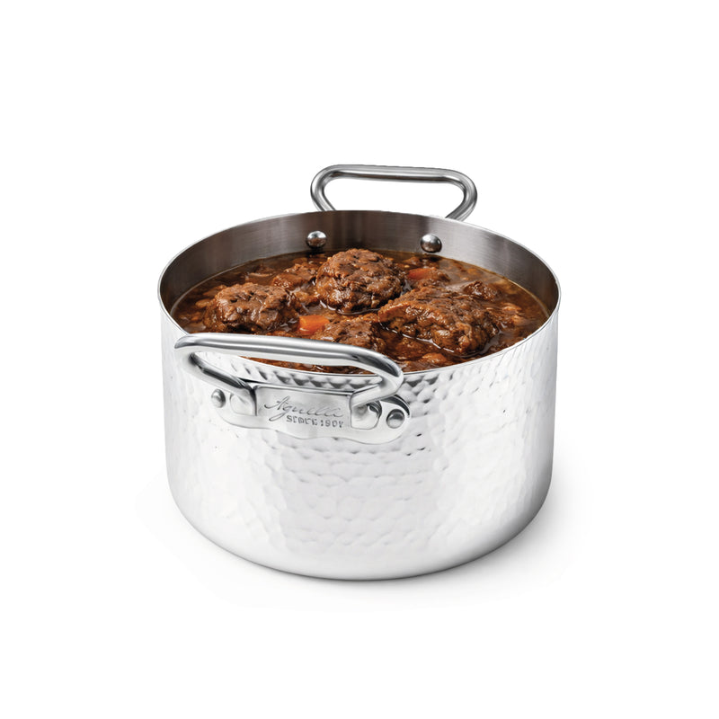 AGNELLI Casseruola Alta Martellato Aluinox 3 Ply 16x12 Cm con 2 Maniglie in Acciaio Inox