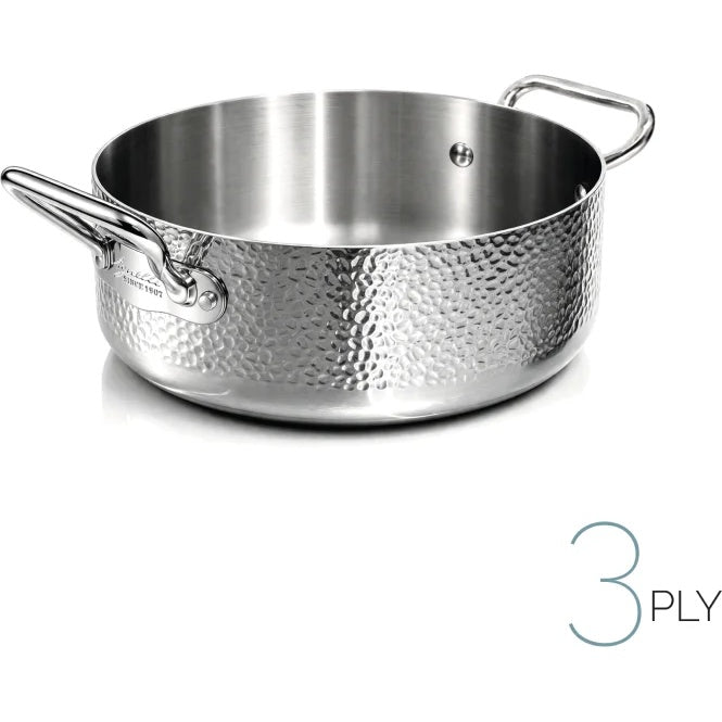 AGNELLI Casseruola Bassa Martellato Aluinox 3 Ply 16x12 Cm con 2 Maniglie in Acciaio Inox