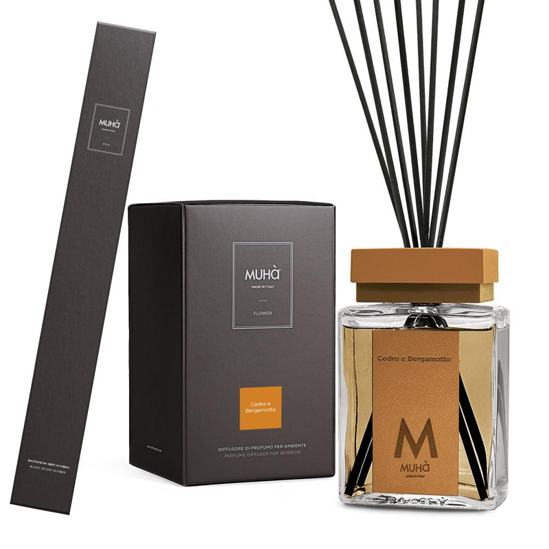 Muhà Luxe Perfume Diffusore Ambiente con Bastoncini Cedro e Bergamotto 500 Ml