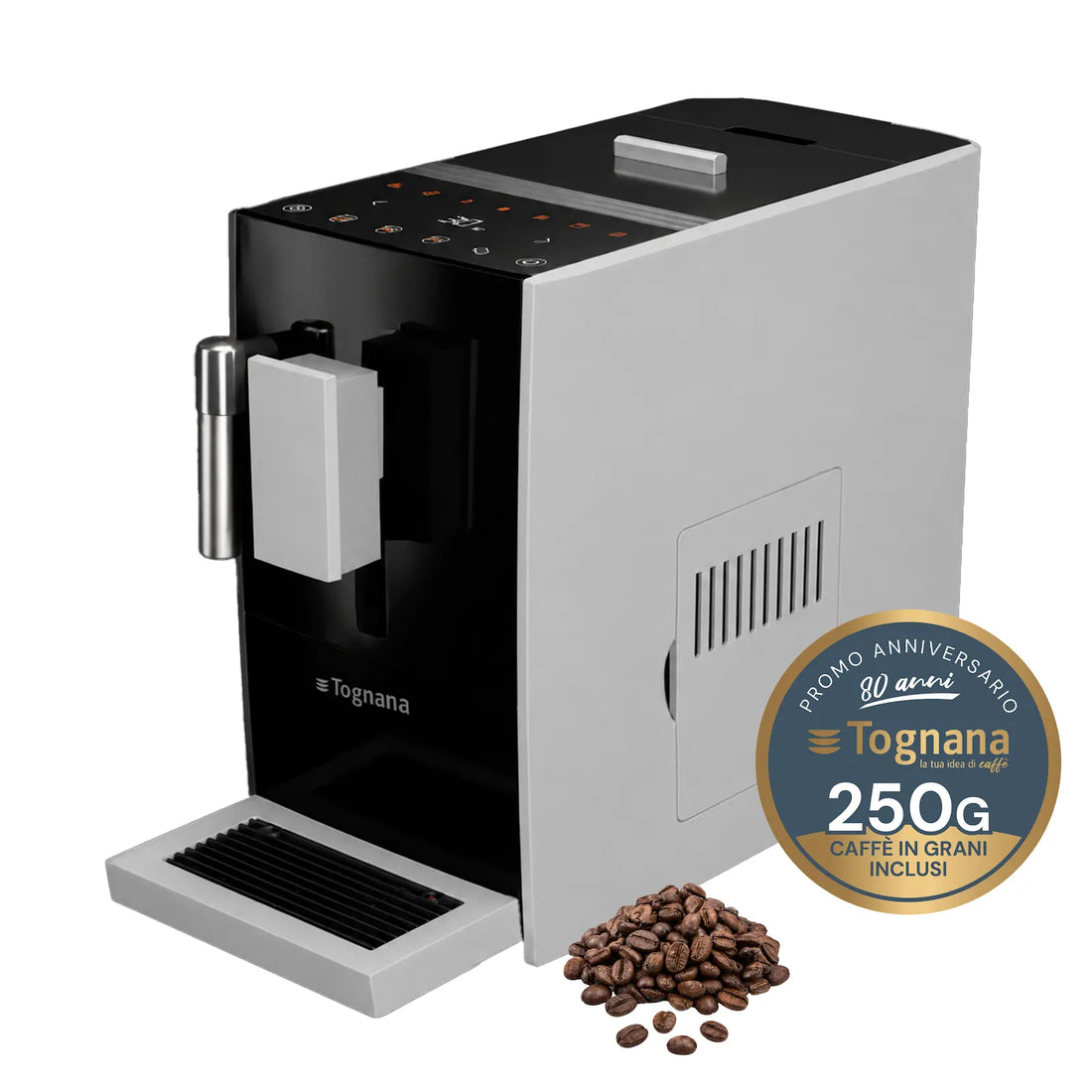 Tognana Iridea Set Macchina da Caffè Automatica Color Grigio Perla con 250 g di Caffè in Grani – Macchina Espresso Elegante