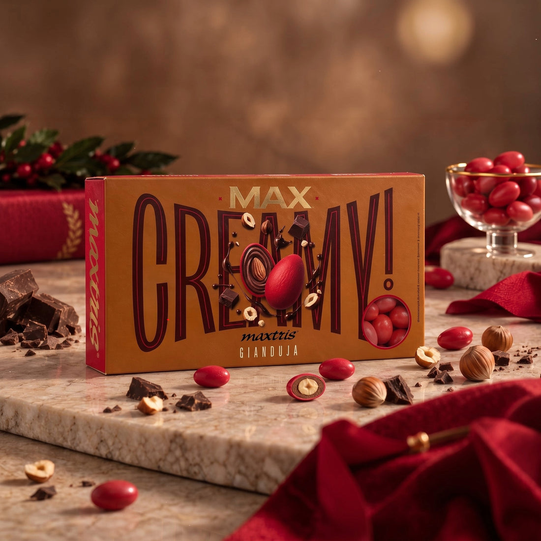Maxtris Confetti Creamy Max Gianduia Rossi 1 kg – Confetti Golosi al Gusto Gianduia per Matrimoni, Cerimonie, Feste e Confettate