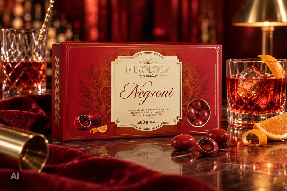 Maxtris Confetti Mixology Negroni 500 g – Confetti Golosi al Cioccolato Fondente con Ripieno al Gusto Negroni per Feste, Cerimonie ed Eventi