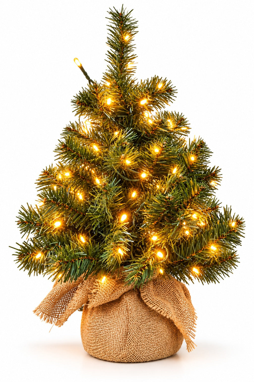 Albero di Natale Artificiale Verde con 120 Luci LED G 60 Cm Bianco Caldo e Base in Juta – Mini Albero Natalizio Luminoso Decorativo per la Casa