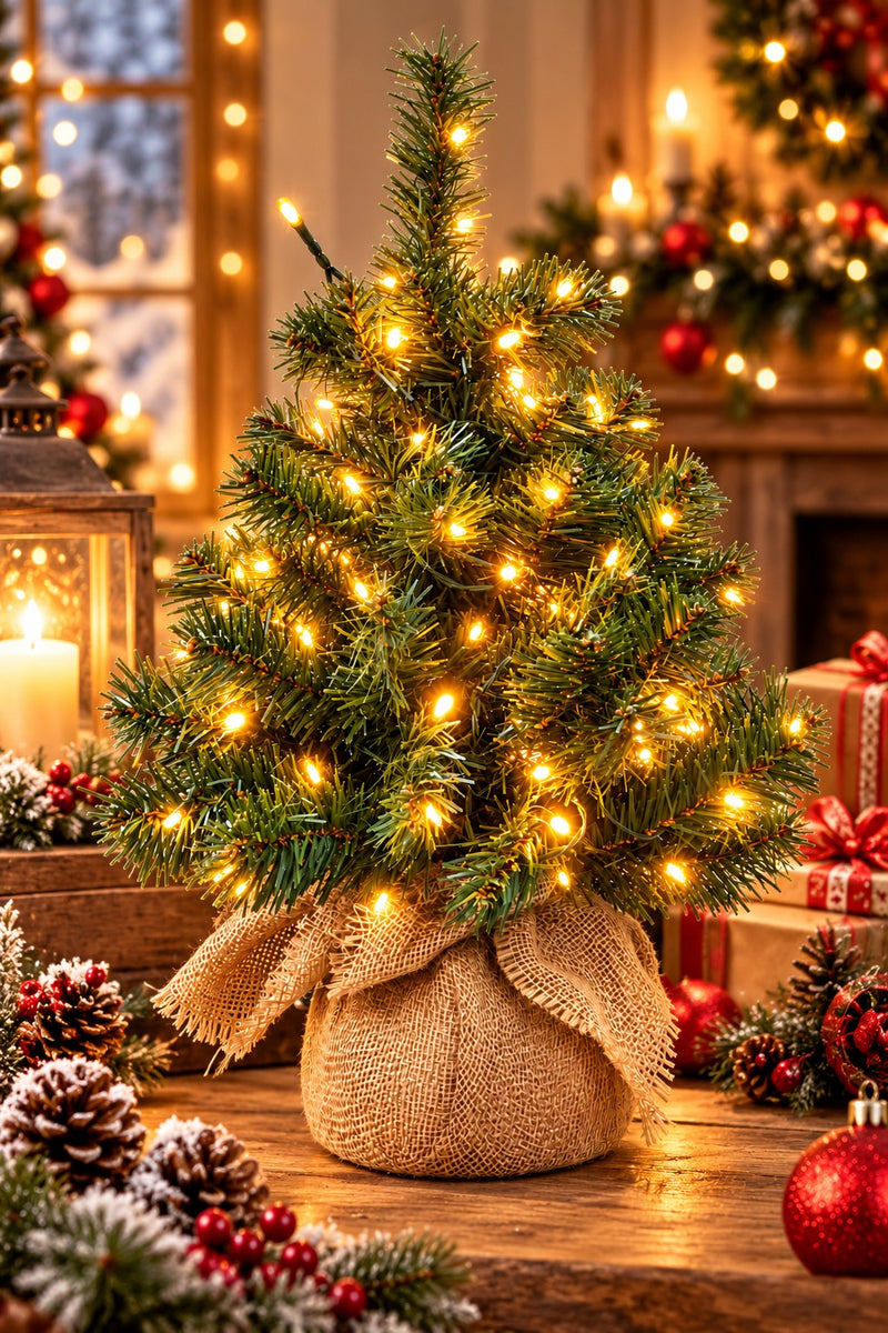 Albero di Natale Artificiale Verde con 120 Luci LED G 60 Cm Bianco Caldo e Base in Juta – Mini Albero Natalizio Luminoso Decorativo per la Casa