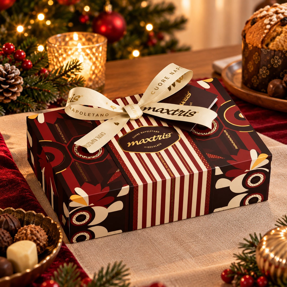 Maxtris Linea Regalo Scatola Bordeaux Fondente 350 g – Confezione Regalo con Cioccolato Fondente per Feste e Occasioni Speciali