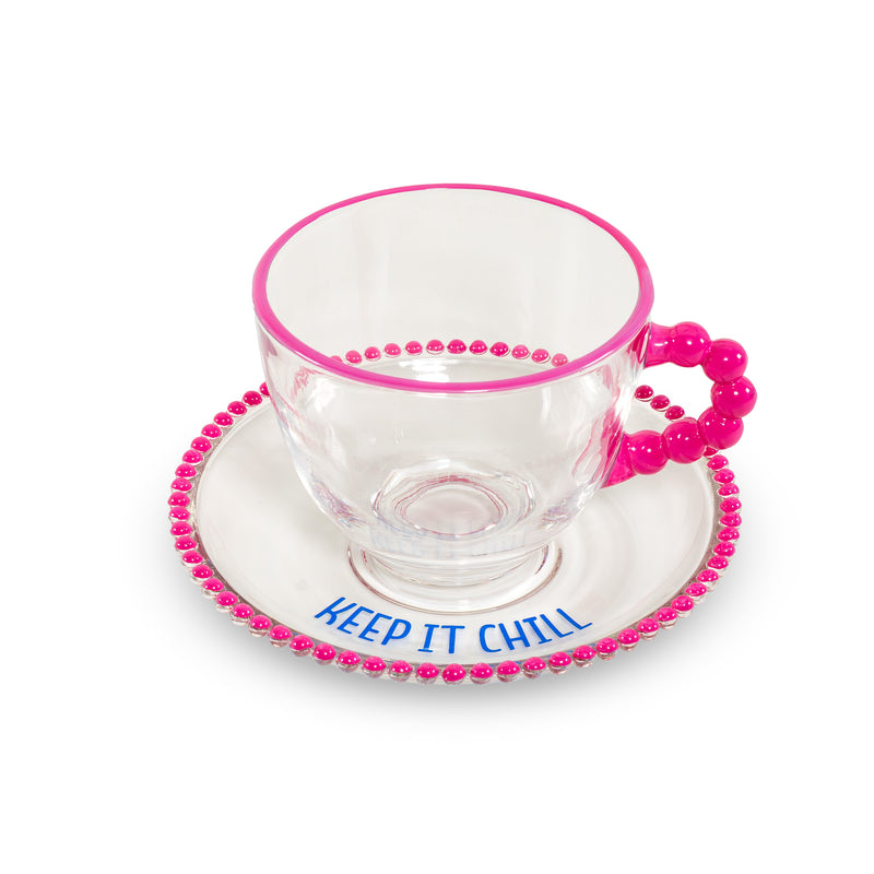 WD LifeStyle Set 2 Tazze 230 Ml in Vetro con Piattino Decorazione "Take it slow" e "Keep it chill" Rosa Blu