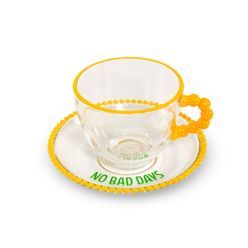 WD LifeStyle Set 2 Tazze 230 Ml in Vetro con Piattino Decorazione "Good energy only" e No bad days" Giallo Verde