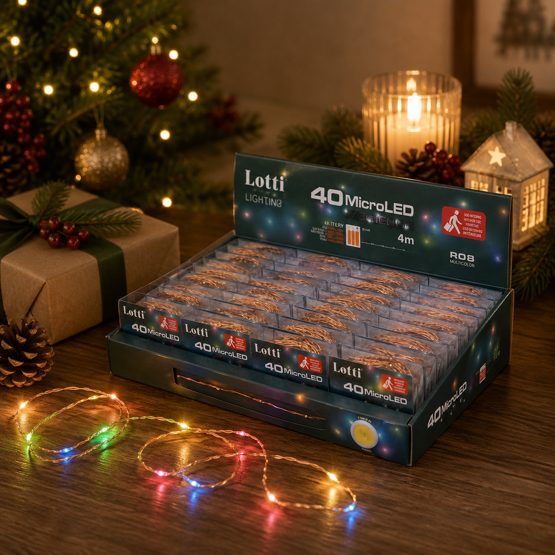 Lotti Catena Natale 40 Micro Led Rgb 4 Mt 3 x AA Scatola Pvc