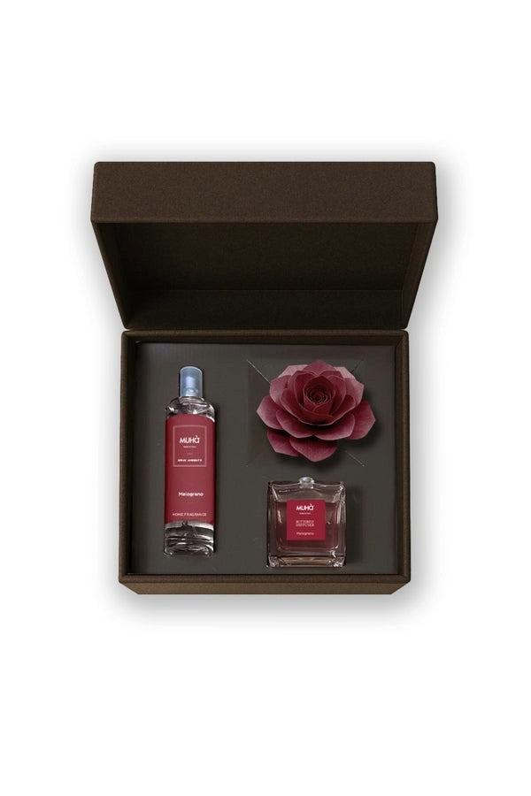 Muhà Cofanetto Regalo Profumatore Ambiente a Forma di Rosa Melograno + Spray 100 ml – Idea Regalo Natale