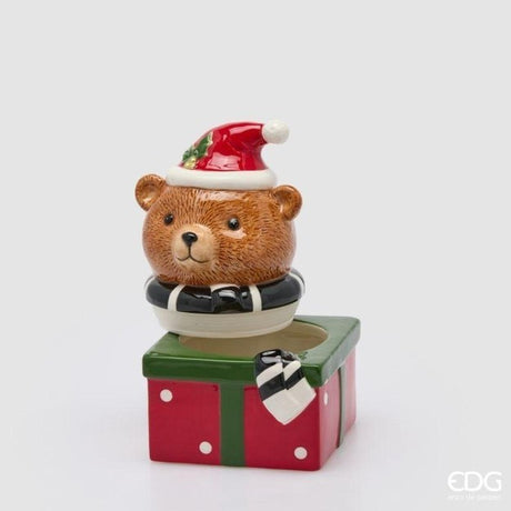 EDG Enzo De Gasperi Contenitore Natalizio Orso con Sciarpa in Ceramica H24x16x15 cm Verde Rosso – Decorazione di Natale