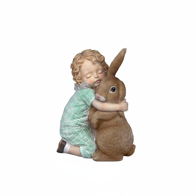Decora casa con la statuina Arpimex Bimba con Coniglio Verde, resina 16×10 H 21 cm. Perfetta per Pasqua e complementi arredo. ean 8018318689680