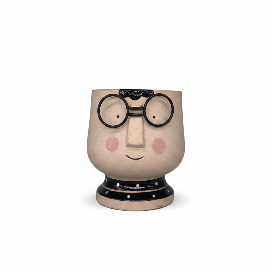 Vaso testa faccia uomo con occhiali in resina beige e nera. Decorazione originale, piccole piante e fiori. Arpimex, 15×15×16 cm, design moderno. ean 8018318502125