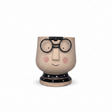 Vaso testa faccia uomo con occhiali in resina beige e nera. Decorazione originale, piccole piante e fiori. Arpimex, 15×15×16 cm, design moderno. ean 8018318502125