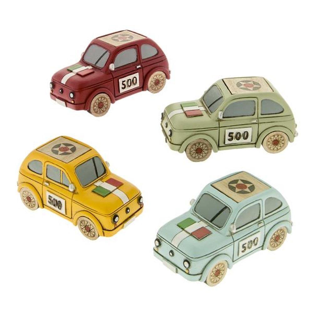 Bomboniera originale: Etm Brezza Fiat 500 colorata resina e legno L 20 cm, 4 varianti. Contattaci.
