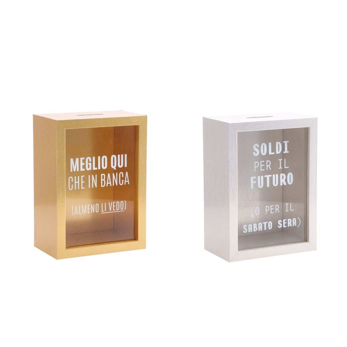 Italienisches Geschenk Italienisches Geschenk Sparbüchse aus MDF und Glas, B 13 x T 8 cm, H 16 cm, dekorative Sparbüchse, modern, für zu Hause, 1 Stück, EAN 8057586200920